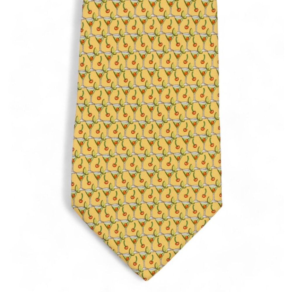 Salvatore Ferragamo Silk Neck Tie Yellow Cocktail Print Geometric Made Italy - Picture 2 of 9